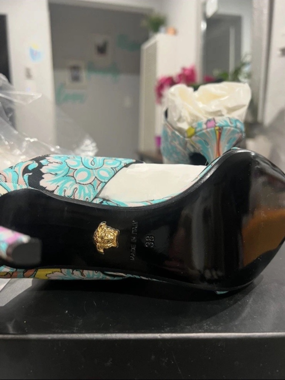Versace Turquoise Multi-Color Patterned Strap Heels - Picture 4 of 7